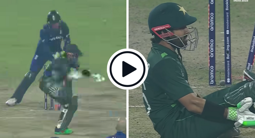 Mohammad Rizwan collapses with cramp after he's clean bowled by Moeen Ali