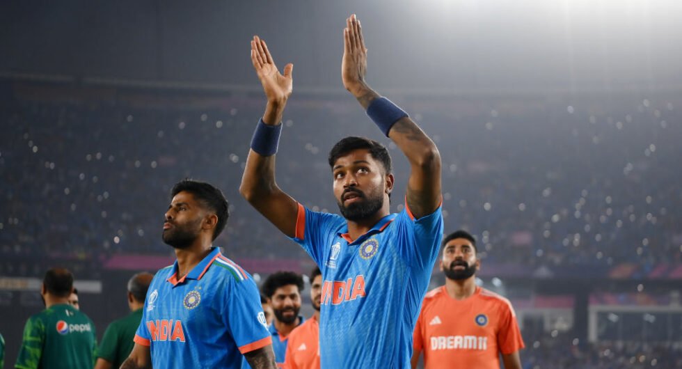 Hardik Pandya applauds the crowd after India's win over Pakistan