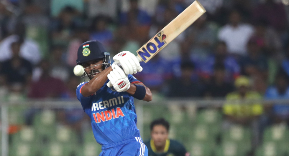 Ruturaj Gaikwad bats during his half-century in the second India-Australia T20I