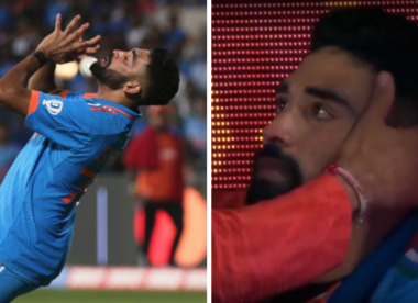 Mohammed Siraj walks off after getting hit on the throat while attempting catch