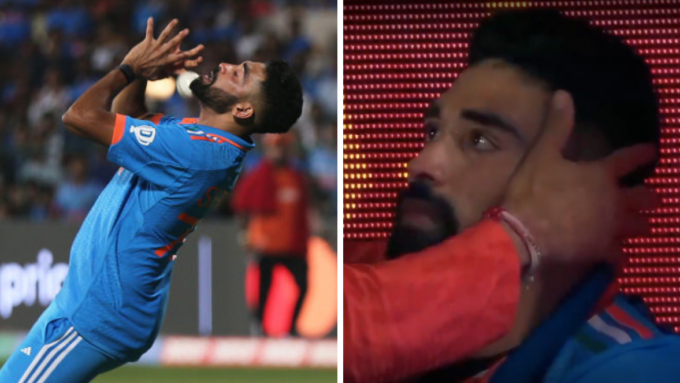 Mohammed Siraj walks off after getting hit on the throat while attempting catch