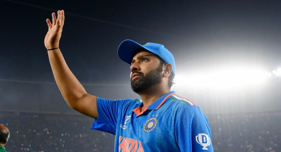 Rohit Sharma salutes the crowd after India's World Cup win over Pakistan