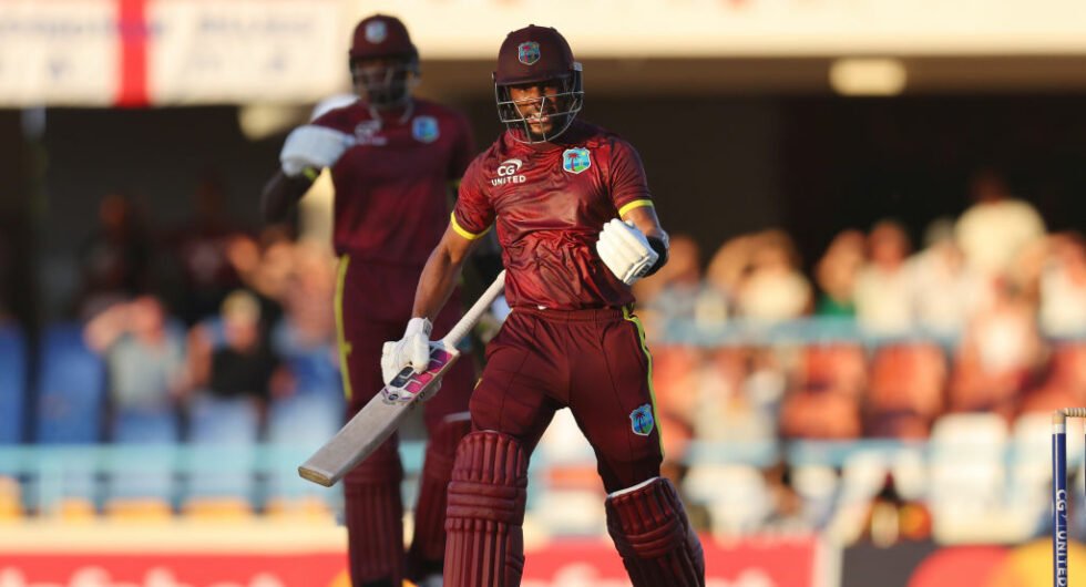 Shai Hope celebrates the winning moment for West Indies