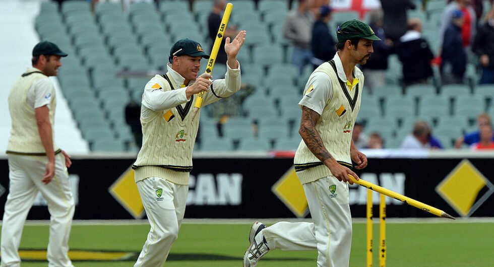 Mitchell Johnson and David Warner celebrate an Australia Ashes victory in 2013