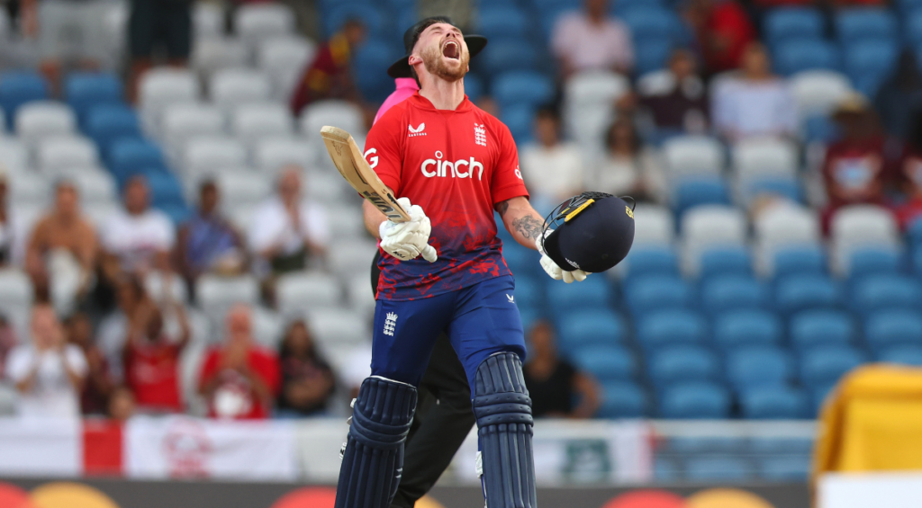 England batter Phil Salt celebrates his second consecutive T20I hundred v West Indies