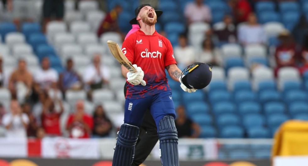 England batter Phil Salt celebrates his second consecutive T20I hundred v West Indies