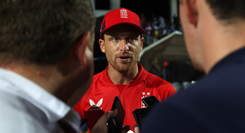 Jos Buttler talks to the media after England's T20I series defeat to West Indies