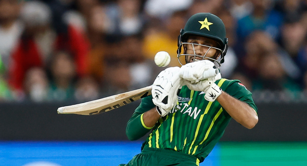 Mohammad Haris bats for Pakistan in the T20 World Cup against South Africa