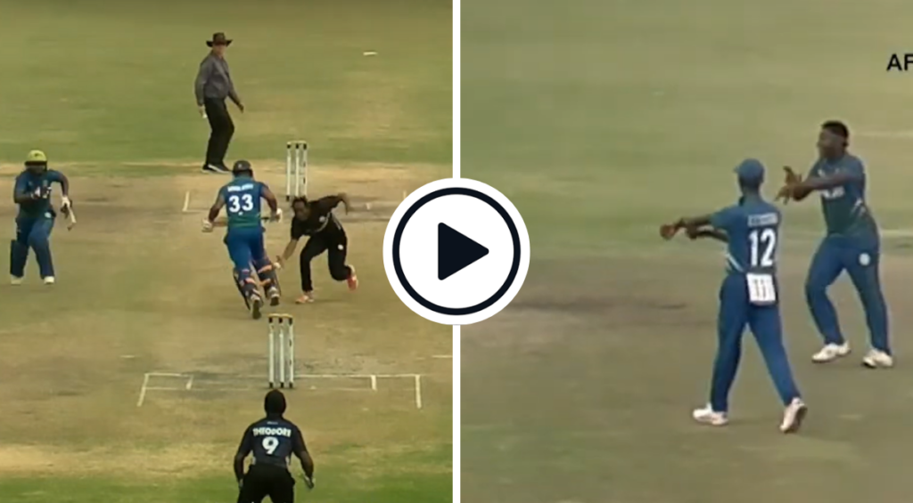 A Sierra Leone batter kicks the ball out of the bowler's hand to be out obstructing the field (L), Sierra Leone celebrate a timed out dismissal by tapping their wrists (R)