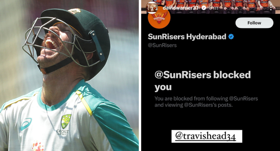 Australia opening batter David Warner (L), A screenshot revealing David Warner is blocked by Sunrisers Hyderabad on social media platform X, formerly Twitter (R)
