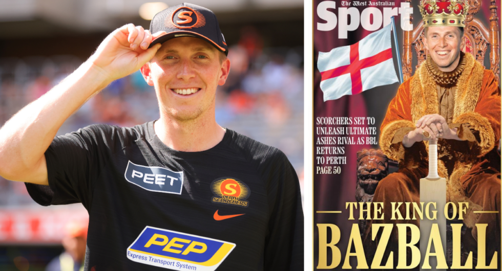 England and Perth Scorchers opener Zak Crawley (L), The West Australian 'The King of Bazball' back page (R)