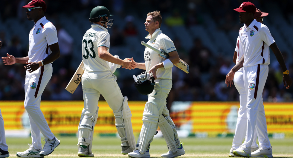 Marnus Labuschagne and Steven Smith of Australia shake hands as they celebrate victory on day three of the Mens Test match series between Australia and West Indies at Adelaide Oval on January 19, 2024 in Adelaide, Australia.