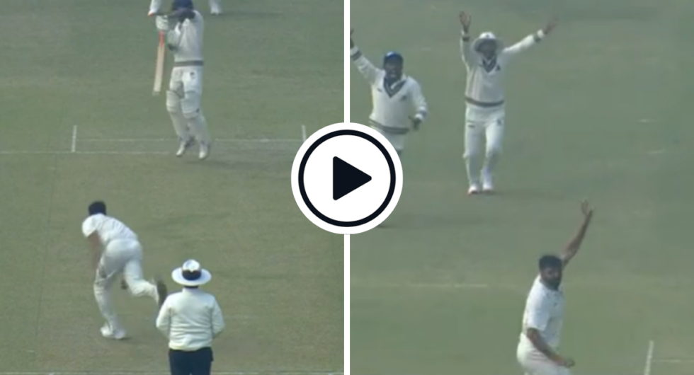 Mohammed Kaif, brother of India bowler Shami, takes the edge (L) and celebrates a wicket (R) during his spell of 4-14 in the Ranji Trophy