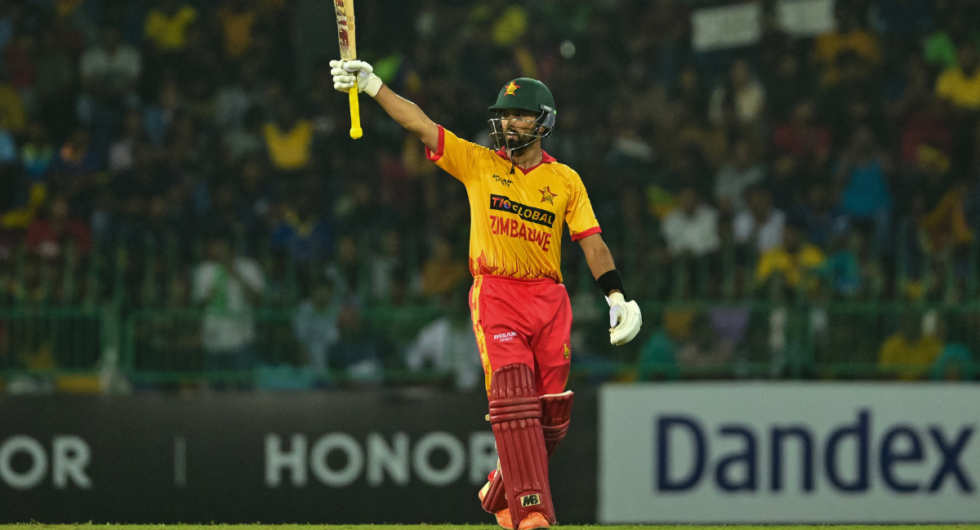 Sikandar Raza celebrates after setting new T20I world record with fifth consecutive fifty
