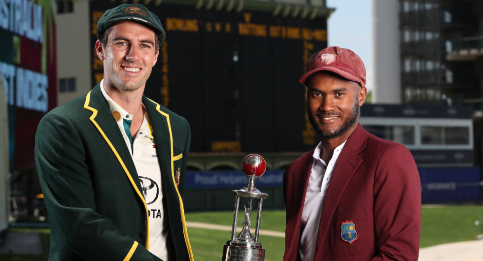 Pat Cummins and Kraig Brathwaite pose with trophy ahead of the Australia v West Indies Test series