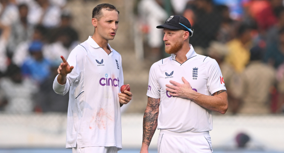 Tom Hartley talks to Ben Stokes on day on in Hyderabad