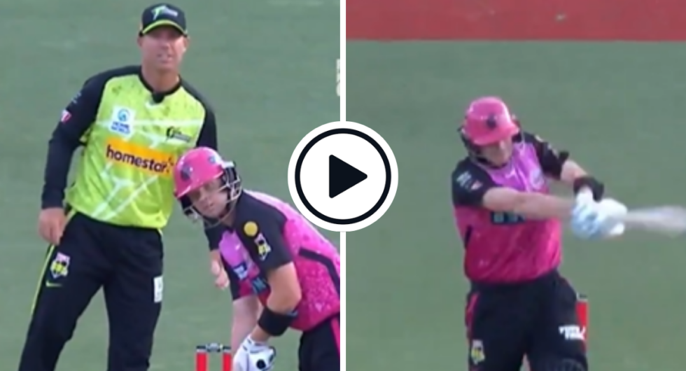 David Warner sledges Steve Smith in a BBL game (L), Steve Smith gets out first ball top edging a pull shot (R)