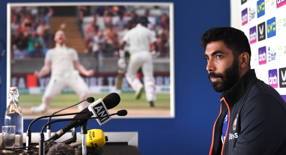 Jasprit bumrah during a press conference by a picture of Ben Stokes, both of whom will contest the India-England Test series to be broadcast on TNT Sports