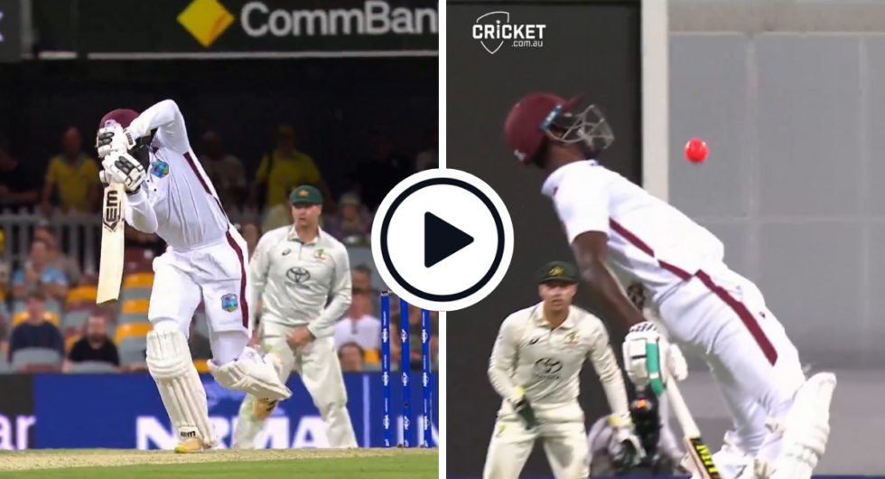 Kevin Sinclair nails a straight drive and holds the pose (L), non-striker Alzarri Joseph sways out the way (R) during the second Australia-West Indies Test