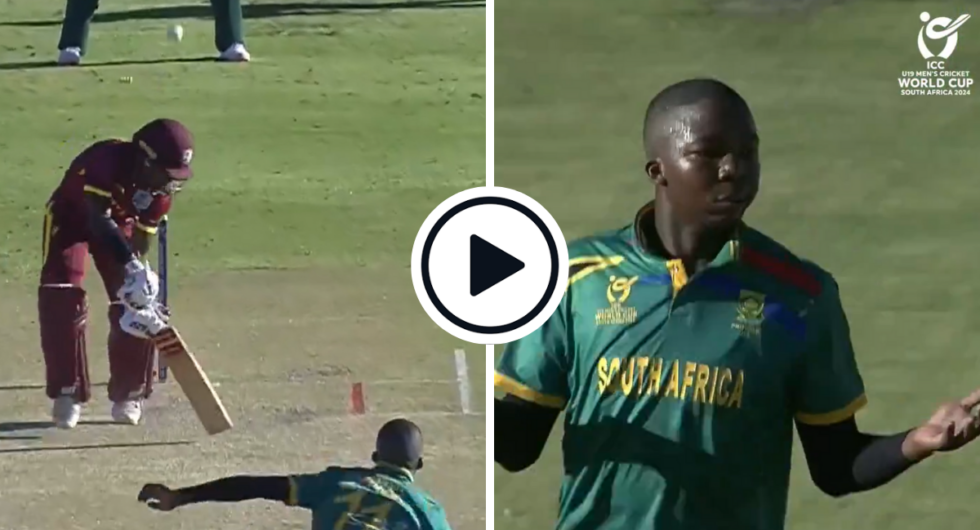 Kwena Maphaka nails a yorker during his U19 World Cup five-for and celebrates