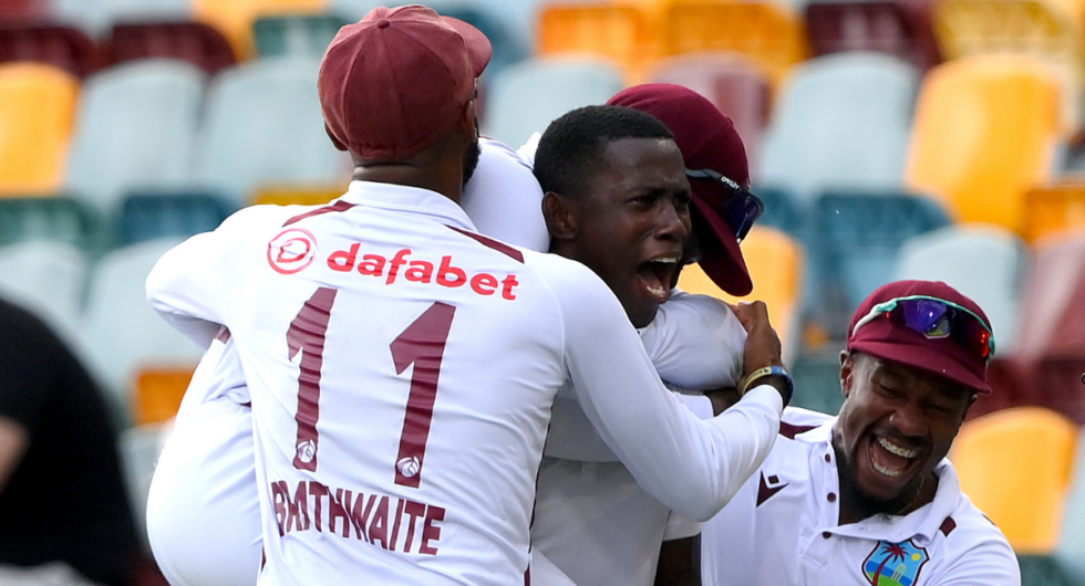 Shamar Joseph and West Indies celebrate victory in the second Test v Australia