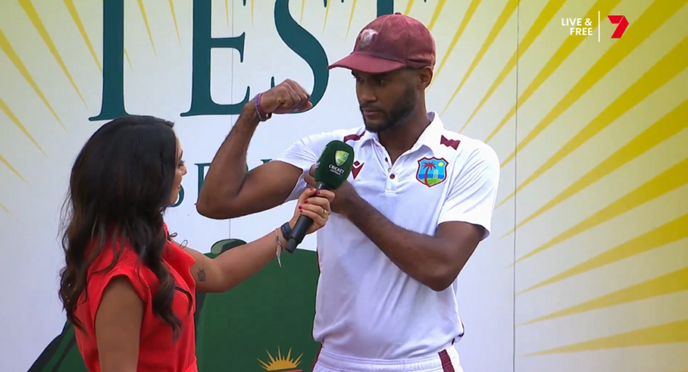 Kraigg Brathwaite flexes his bicep during a post-match interview after West Indies Test win over Australia, in response to comments from Rodney Hogg branding his side "hopeless and pathetic"