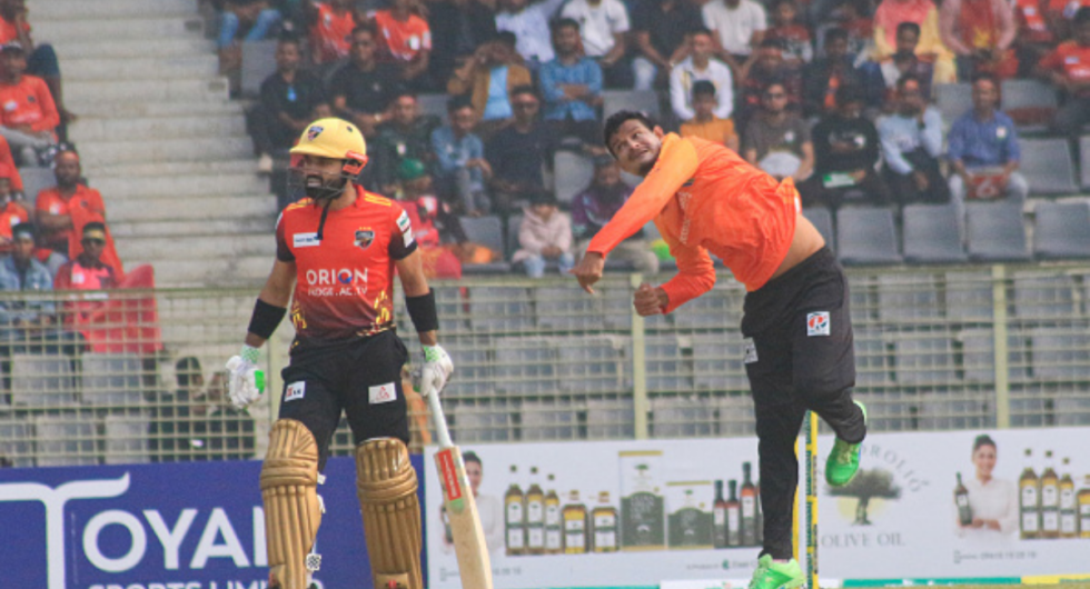 Nasum Ahmed of Khulna Tigers bowling against Comilla Victorians in Bangladesh Premier League (BPL) 2023 in Sylhet International Cricket Stadium of Bangladesh.