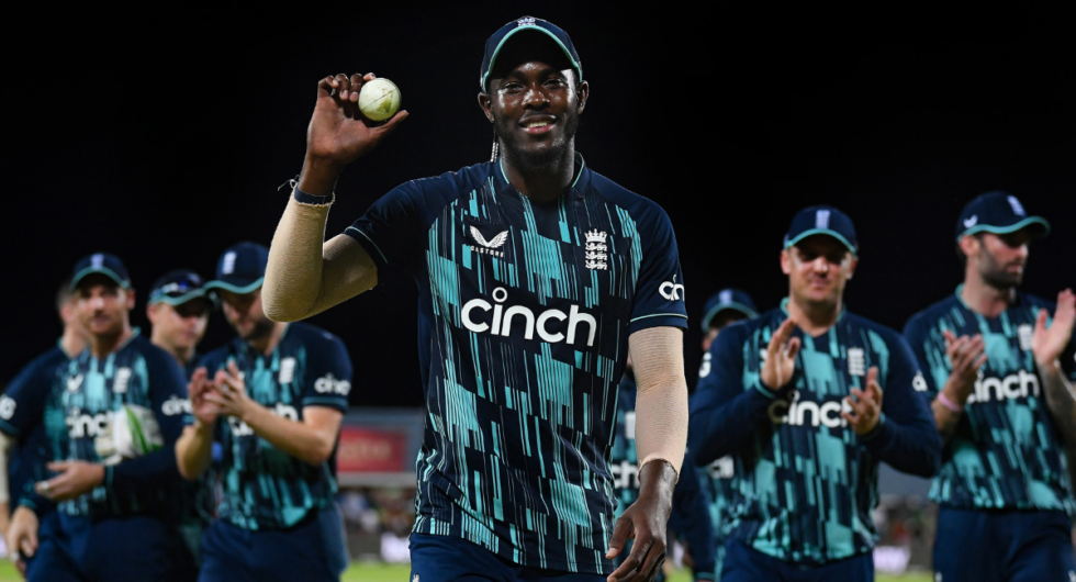 Jofra Archer leads his team after taking 6-40 on his comeback series after a long injury hiatus in the third ODI between South Africa and England at Diamond Oval, Kimberley on February 1
