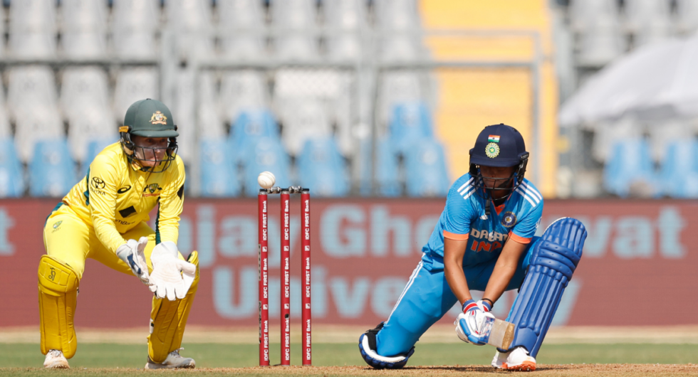 Harmanpreet Kaur of India plays a reverse sweep during women's One Day International Match between India and Australia at Wankhede Stadium on December 28, 2023 in Mumbai, India.