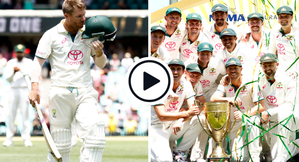 David Warner (left) walks off the field after playing his final Test on Day four of the third Test against Pakistan as Australia (right) celebrate 3-0 series whitewash