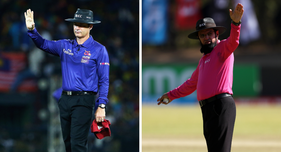 Simon Taufel (Left) stands in the middle for the last time during the ICC World Twenty20 2012 Final between Sri Lanka and West Indies at R. Premadasa Stadium on October 7, 2012 in Colombo, Sri Lankaa, while Aleem Dar (Right) Umpire signals during the ICC Men's Cricket World Cup Qualifier Zimbabwe 2023 match between Ireland and Oman at Bulawayo Athletic Club on June 19, 2023.