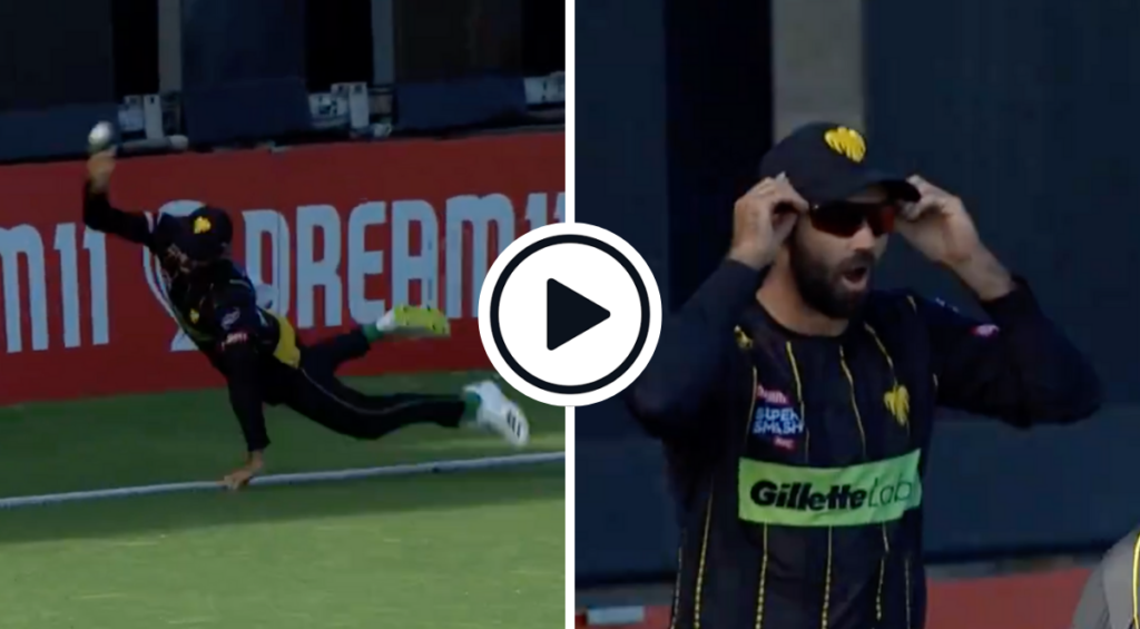 Nick Kelly and Troy Johnson combine for a relay boundary catch in New Zealand