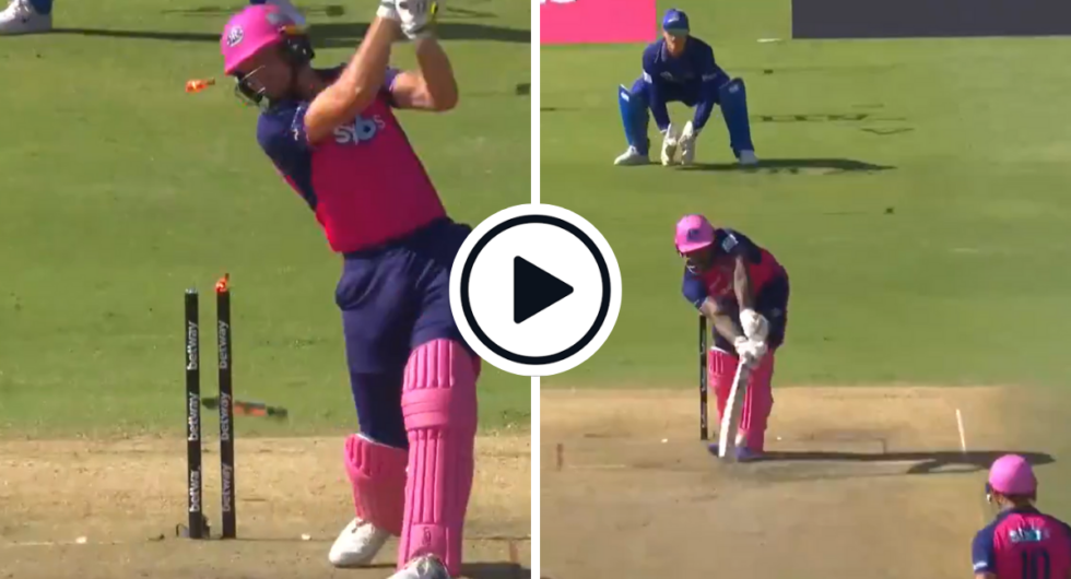 Nuwan Thushara bowls Jos Buttler (L) and pins Fabian Allen on the boot (R) on SA20 debut