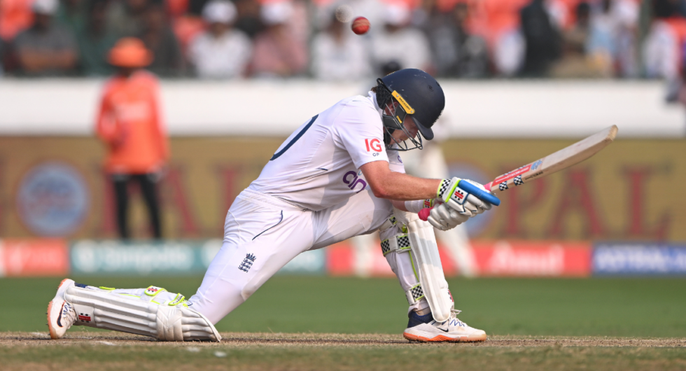 Ollie Pope plays a scoop on the third day of the first India-England Test