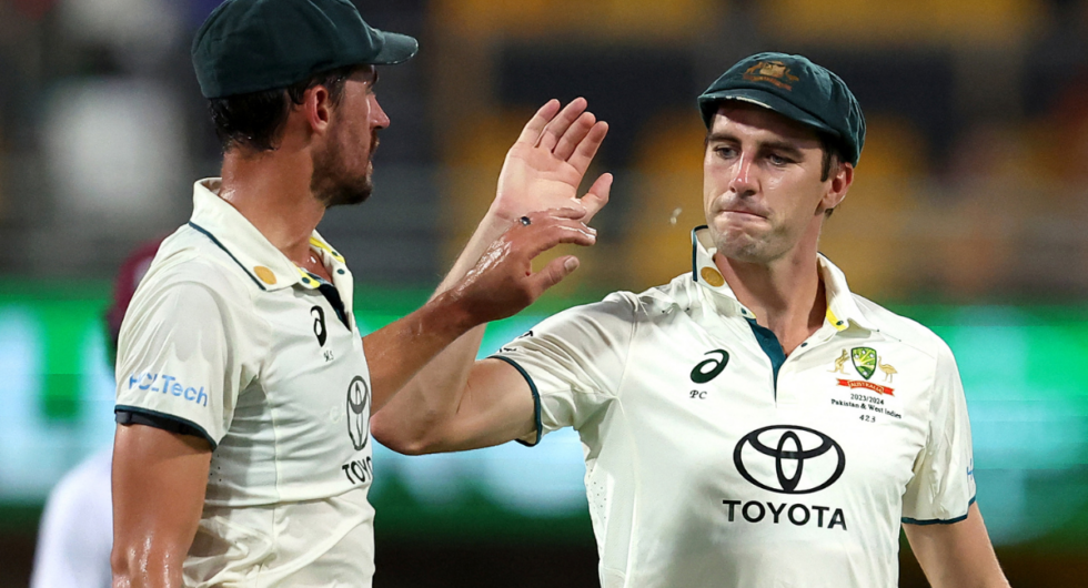 Pat Cummins and Mitchell Starc high five on day two of the second Australia-West Indies Test