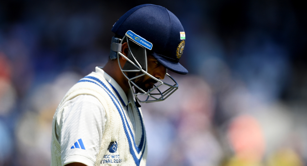 Ajinkya Rahane of India leaves the field after being caught out by Cameron Green of Australia (not pictured) during day three of the ICC World Test Championship Final between Australia and India at The Oval on June 09, 2023 in London, England.