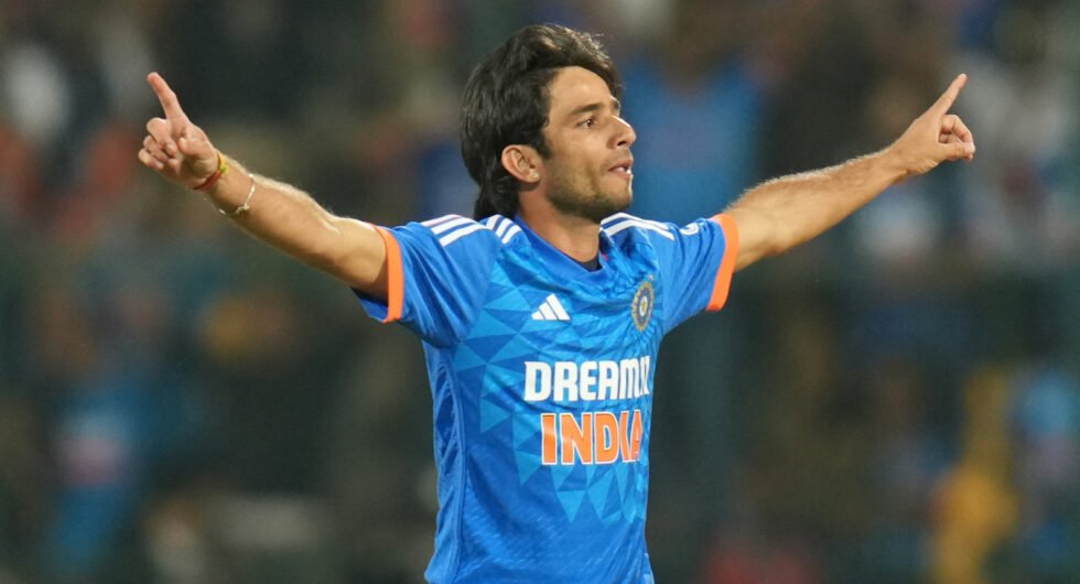Ravi Bishnoi of India celebrates the wicket of Rahmanullah Gurbaz of Afghanistan during the 3rd T20I between India and Afghanistan held at the M. Chinnaswamy Stadium, Bangalore on the 17th January 2024
