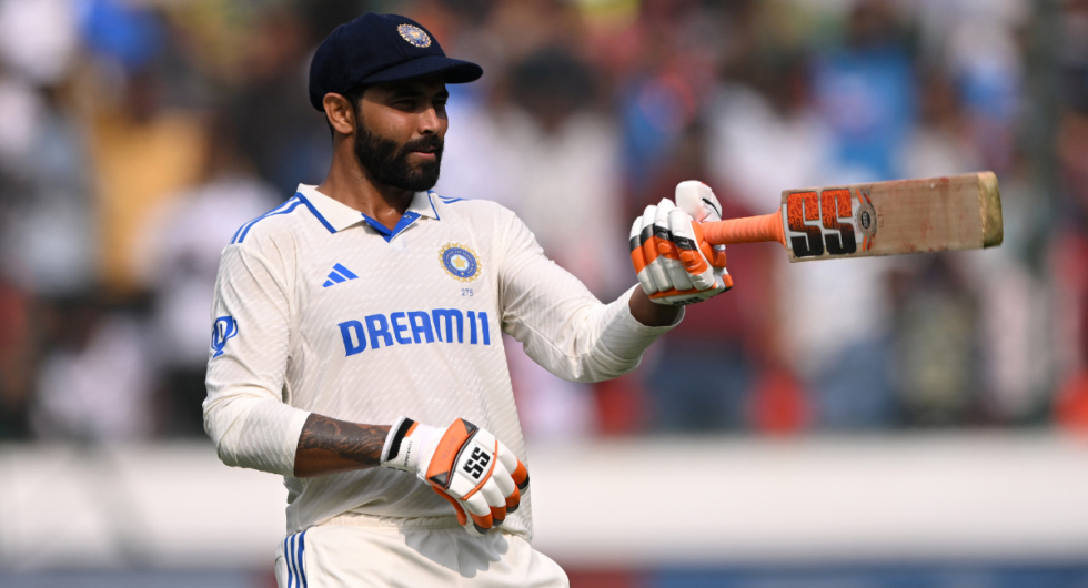 Ravindra Jadeja celebrates his half-century during the first India-England Test in the 202324 series