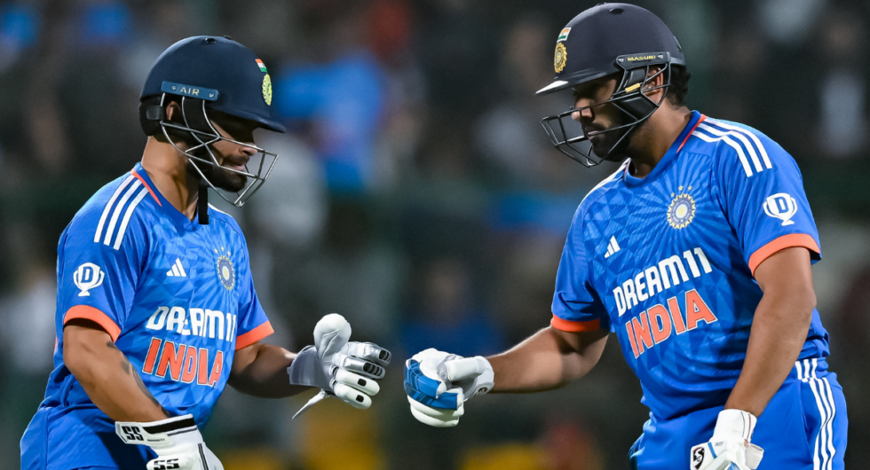 Rinku Singh and Rohit Sharma punch gloves during their record-breaking T20I partnership which rescued India against Afghanistan
