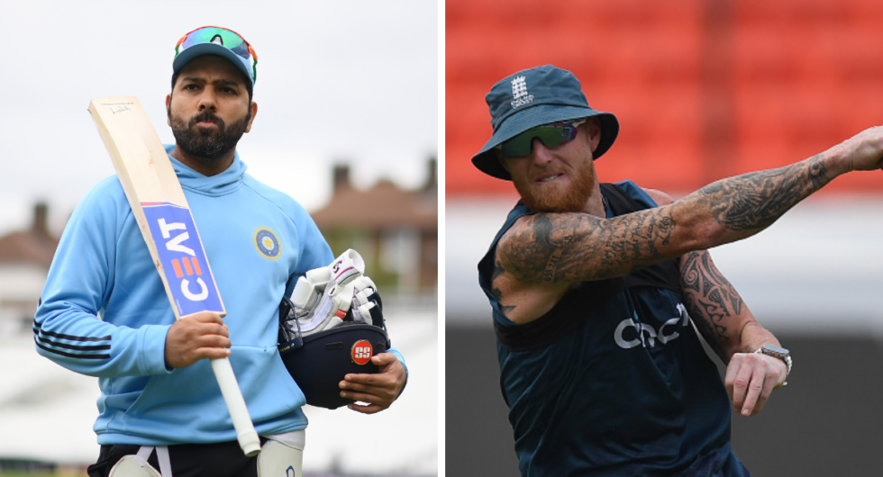 Rohit Sharma (L) of India looks on during India training prior to the ICC World Test Championship Final 2023 at The Oval on June 06, 2023 in London, England, while Ben Stokes (R) of England throws a ball during the England training session at Rajiv Gandhi International Stadium on January 22, 2024 in Hyderabad, India.