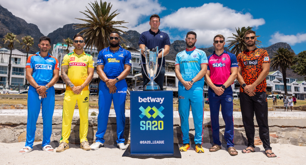 Skippers of all six SA20 2024 franchises pose with League Commissioner Graeme Smith on Captain's Day (January 9, 2024) at iconic Camps Bay, overlooking the Atlantic Ocean.