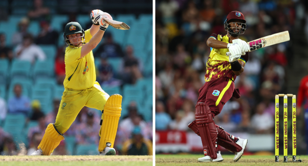 Steve Smith of Australia bats during Game 2 of the One Day International series between Australia and England at Sydney Cricket Ground on November 19, 2022 in Sydney, Australia, while Shai Hope of West Indies hits six runs during the 1st T20 International between West Indies and England at Kensington Oval on December 12, 2023 in Bridgetown, Barbados.
