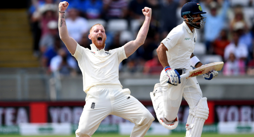 England's Ben Stokes celebrates dismissing Virat Kohli during day four of the Specsavers 1st Test match between England and India at Edgbaston on August 4, 2018 in Birmingham, England.