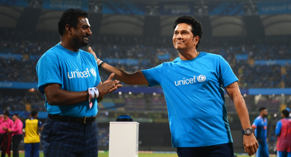 Sachin Tendulkar and Muttiah Muralitharan take part in a UNICEF activation During UNICEF One Day 4 children as the Wankhede Stadium turns blue during a drinks break during the ICC Men's Cricket World Cup India 2023 between India and Sri Lanka at Wankhede Stadium on November 02, 2023 in Mumbai, India.