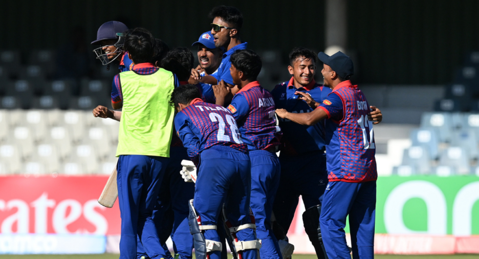 The Nepal team celebrate victory over Afghanistan at the Under-19 World Cup to confirm progression to the Super Sixes stage