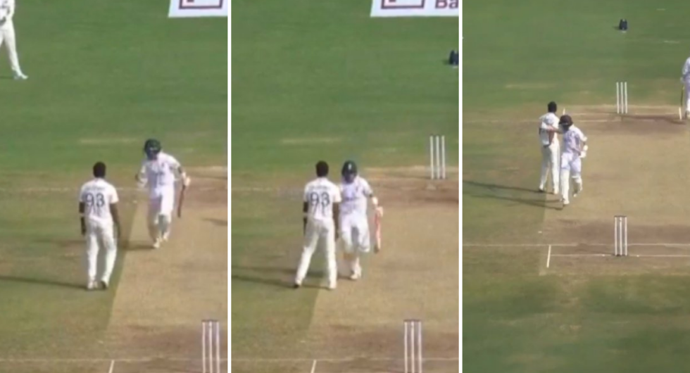Three-part image showing Jasprit Bumrah stepping into Ollie Pope during the fourth morning of the first India-England Test