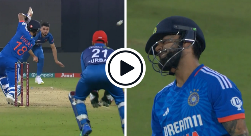 Virat Kohli chips to mid-off off Naveen-ul-Haq (L) and Kohli grimaces (R) in the second India-Afghanistan T20I