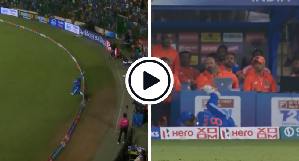 Virat Kohli completes a spectacular six save (L), the India dugout applauds (R)