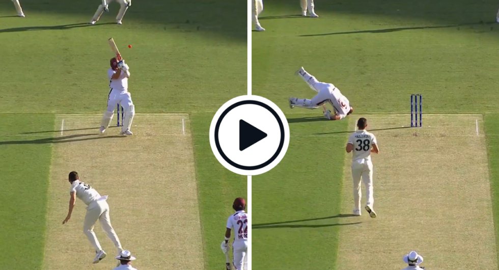 West Indies batter Johsua Da Silva pulls out of playing a pull shot (L) and falls over (R)