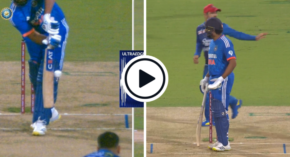 UltraEdge shows ball making contact with bat (L), ROhit Sharma complains to the umpire about a leg bye call (R)